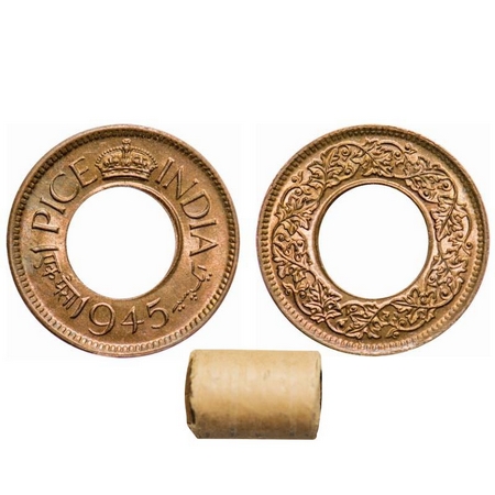 George VI, Bronze, 1 Pice (Roll of 24 coins), 1945, Calcutta Mint, Flat crown, No mint mar
