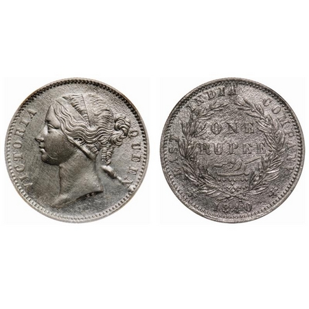 Victoria Queen, Silver, Rupee, 1840, DL, Calcutta Mint, W.W. raised, 28 Berries (13L + 15R