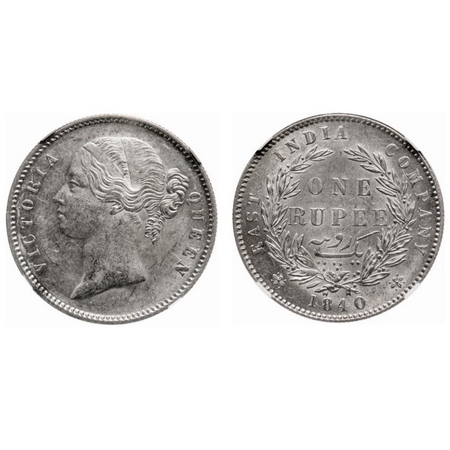 Victoria Queen, Silver, Rupee, 1840, DL, Calcutta Mint, W.W. raised, 28 Berries (13L + 15R