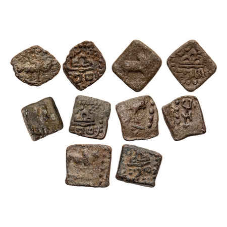 Western Kshatarapas, Lead Units (5 Coins), 1) Rudrasen II saka 180, 2) Rudrasen II saka 18