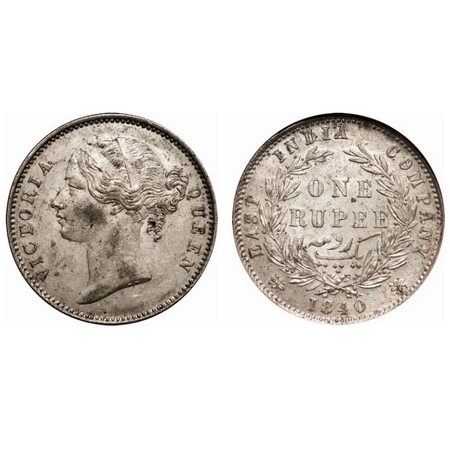 Victoria Queen, Silver, Rupee, 1840, DL, Calcutta Mint, W.W. raised, 28 Berries (13L + 15R