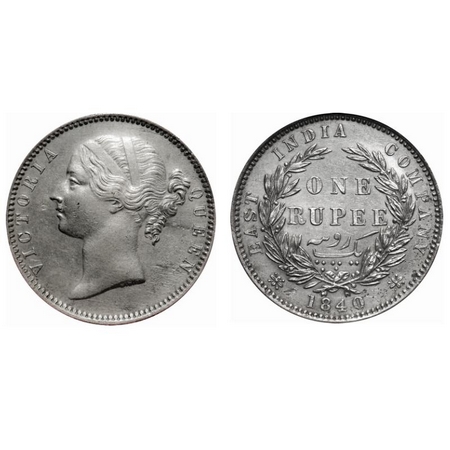 Victoria Queen, Silver, Rupee, 1840, DL, Madras Mint, W.W., 'R' raised, 1'o clock die rota