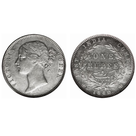 Victoria Queen, Silver, Rupee, 1840, DL, Madras Mint, W.W. B raised, 28 Berries (13L + 15R