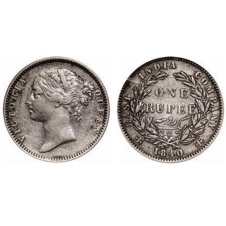 Victoria Queen, Silver, Rupee,1840, DL, Madras Mint, W.W. B raised, 28 berries (13L + 15R)