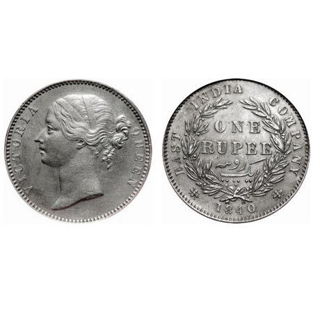 Victoria Queen, Silver, Rupee, 1840, DL, Madras Mint, W.W., 'S' raised, 28 Berries (13L + 