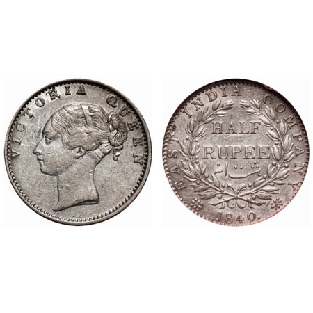 Victoria Queen, Silver, Half Rupee, 1840, CL, Calcutta Mint, A/I, English head, Wreath wit