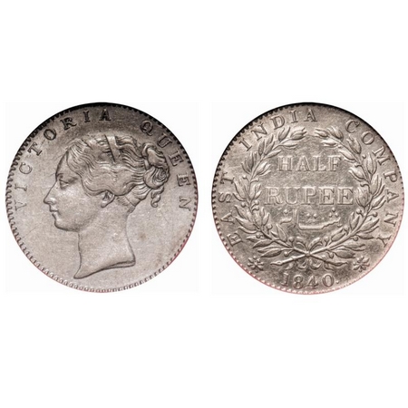Victoria Queen, Silver, Half Rupee, 1840, CL, Bombay Mint, A/I, English head, Wreath with