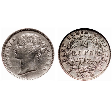 Victoria Queen, Silver, 1/4 Rupee, 1840, DL, Calcutta Mint, W.W. raised, 10 Berries (6L + 
