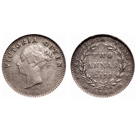 Victoria Queen, Silver, 2 Annas, 1841, CL, Calcutta Mint, A/I, No curl of hairs on first h
