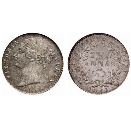 Victoria Queen, Silver, 2 Annas, 1841, DL, Calcutta Mint, W.W. raised, 9 Berries (5L + 4R)