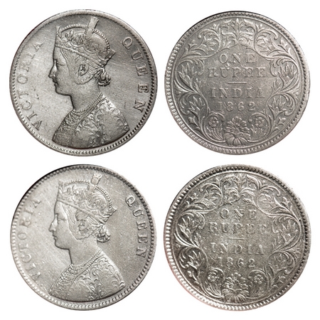 Victoria Queen, Silver, Rupee (2 slabs), 1862, Calcutta Mint, 1) B/III, With embroidery in