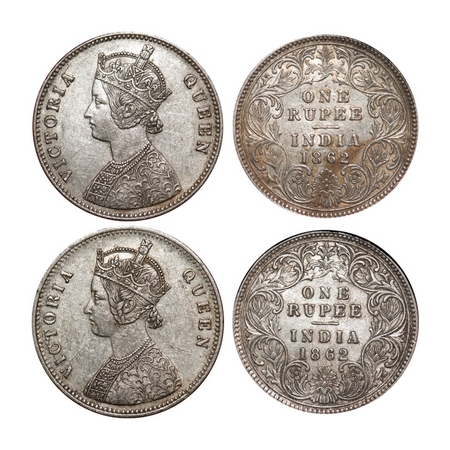 Victoria Queen, Silver, Rupee (2 slabs), 1862, Calcutta Mint, 1) A/I, with initial 'J', 2)