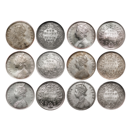 Victoria Queen, Silver, Rupee (6 slabs), 1862, 1) Calcutta Mint, A/I, With initial 'J', 2)