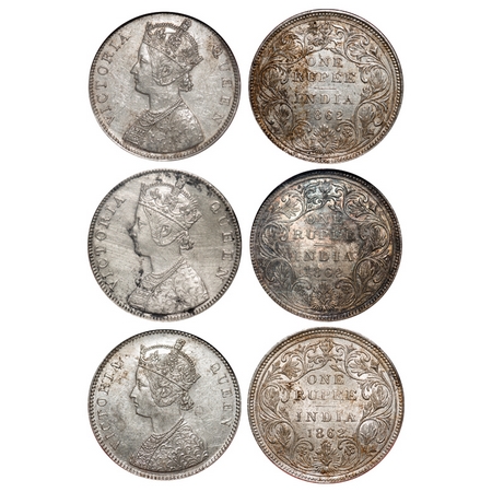 Victoria Queen, Silver, Rupee (3 slabs), 1862, Bombay Mint, 1) B/II/2/0, 2) B/II/2/3, 3) A