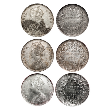 Victoria Queen, Silver, Rupee (3 slabs), 1862, Bombay Mint, 1) A/II/0/4 w/o initial 'J', 2