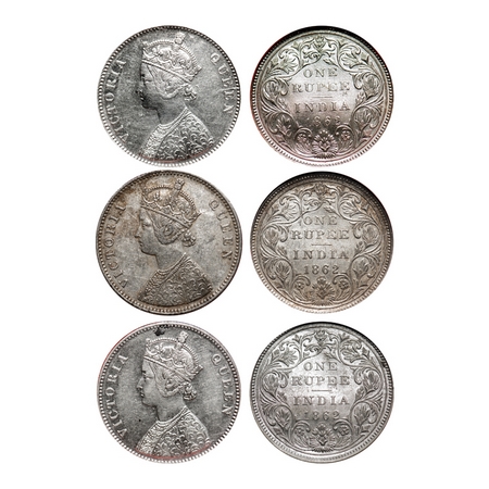 Victoria Queen, Silver, Rupee (3 slabs), 1862, Bombay Mint, 1) A/II/0/6, Complete 'D' in I
