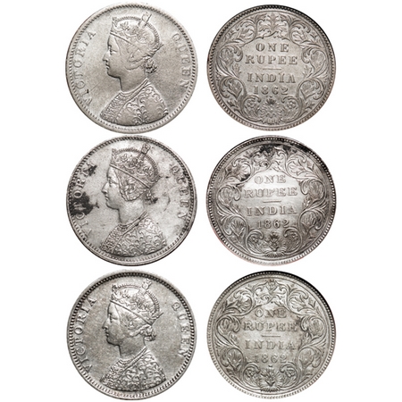 Victoria Queen, Silver, Rupee (3 slabs), 1862, Bombay Mint, 1) A/I/1/1, with initial 'J', 