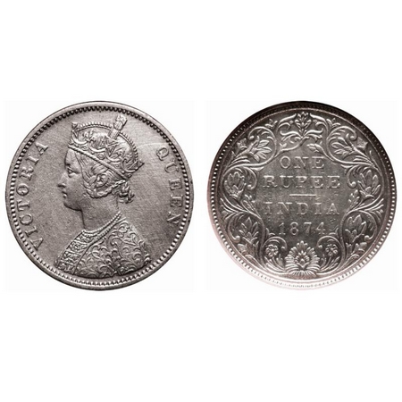 Victoria Queen, Silver, Rupee, 1874, Bombay Mint, A2/II, No dot, Broken numeral '4'. F. Pr