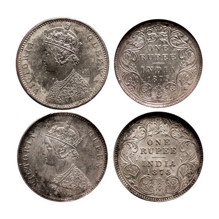 Victoria Queen, Silver, Rupee (2 slabs), 1875, 1) Bombay Mint, A2/II, Dot, Top stroke of n