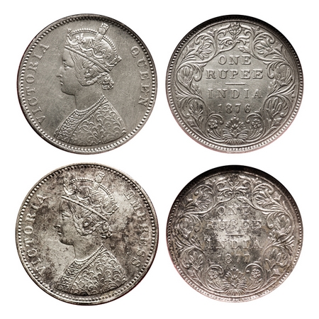 Victoria Queen & Empress, Silver, Rupee (2 slabs), 1) 1876, Bombay Mint, A2/II, Dot, 2) 18
