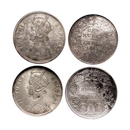Victoria Empress, Silver, Rupee (2 slabs), 1877, 1) Bombay Mint, A1(i)/II, Dot, 2) Calcutt