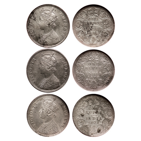 Victoria Empress, Silver, Rupee (3 slabs), 1878, 1) Bombay Mint, A3/II(i), Dot, 2) Bombay 