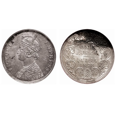 Victoria Empress, Silver, Rupee, 1878, Calcutta Mint, A1/I, No mint mark. F. Prid # 116. G