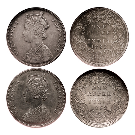 Victoria Empress, Silver, Rupee (2 slabs), 1882, 1) Bombay Mint, A3/I, Dot, 2) Calcutta Mi