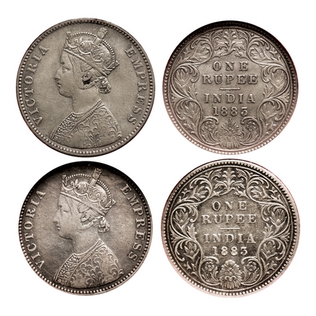 Victoria Empress, Silver, Rupee (2 slabs), 1883, Bombay Mint, 1) A3/I, Dot, 2) A3/I, 'B' r