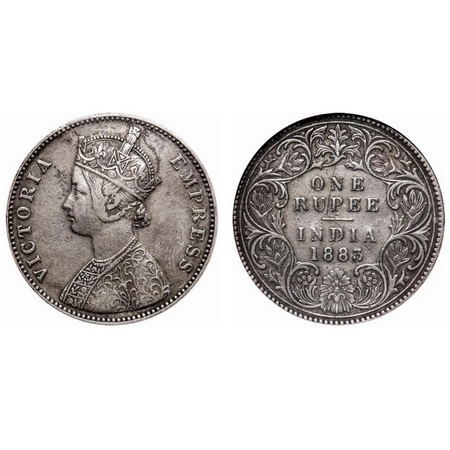 Victoria Empress, Silver, Rupee, 1883, Bombay Mint, A3/I, 'B' raised. F. Prid # 164. GK 48