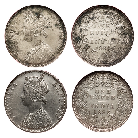 Victoria Empress, Silver, Rupee (2 slabs), Bombay Mint, 1) 1885, A3/II(i), 'B' raised, Top