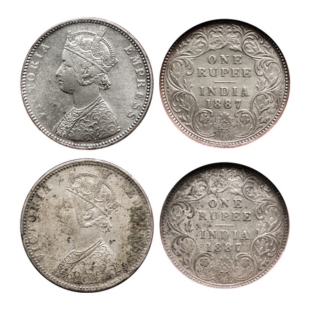 Victoria Empress, Silver, Rupee (2 slabs), 1887, Bombay Mint, 1) C2/I(i), 'B' incused, 'B'