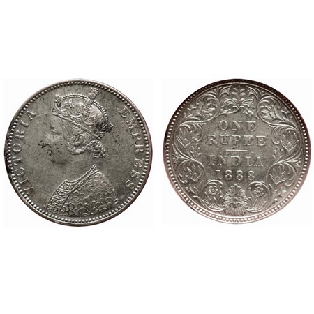 Victoria Empress, Silver, Rupee, 1888, Bombay Mint, C2/I, 'B' raised. F. Prid # 174. GK 55
