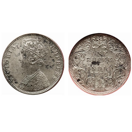 Victoria Empress, Silver, Rupee, 1889, Bombay Mint, C2/I, 'B' incused. F. Prid # 177. GK 5