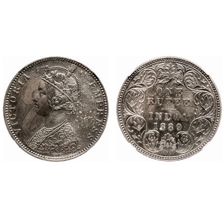 Victoria Empress, Silver, Rupee, 1889, Bombay Mint, C2/I, 'B' incused. F. Prid # 177. GK 5