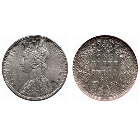 Victoria Empress, Silver, Rupee, 1890, Bombay Mint, C2/I, 'B' incused. F. Prid # 178. GK 5