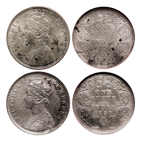 Victoria Empress, Silver, Rupee (2 slab), 1890, 1) Bombay Mint, C2/I, 'B' incused, 2) Calc