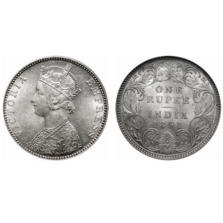 Victoria Empress, Silver, Rupee, 1891, Bombay Mint, C2/I, 'B' incused. F. Prid # 179. GK 5