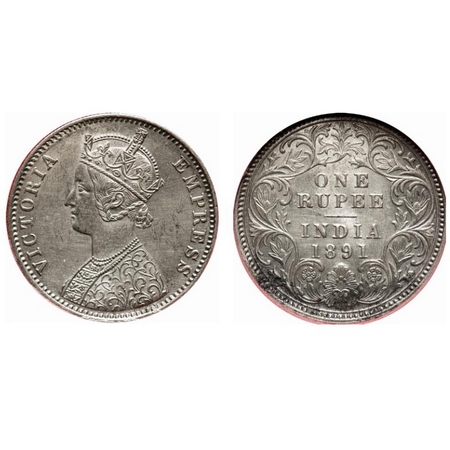 Victoria Empress, Silver, Rupee, 1891, Calcutta Mint, C3/I(i), 'C' incused. F. Prid # 132.