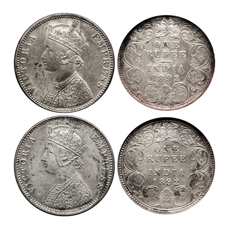 Victoria Empress, Silver, Rupee (2 slabs), 1892, 1) Bombay Mint, C2/I, 'B' incused, 2) Cal