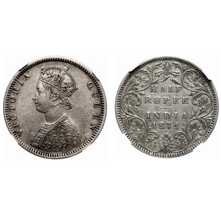 Victoria Queen, Silver, Half Rupee, 1874, Bombay Mint, B2/II, Dot. F. Prid # 285. GK 600. 