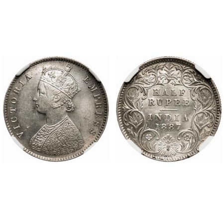 Victoria Empress, Silver, Half Rupee, 1887, Calcutta Mint, A/I, 'C' incused, Die doubling 