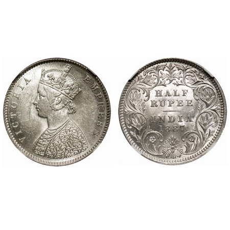 Victoria Empress, Silver, Half Rupee, 1887, Calcutta Mint, A/I, 'C' incused. F. Prid # 271
