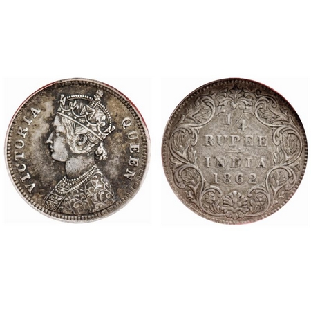 Victoria Queen, Silver, 1/4 Rupee, 1862, Bombay Mint, A/I, The flower tip just above the o