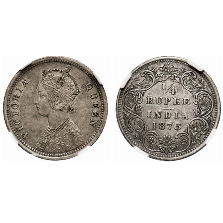 Victoria Queen, Silver, 1/4 Rupee, 1875, Bombay Mint, A/I, No dot. F. Prid # 406. GK 666. 