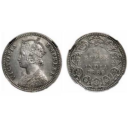 Victoria Empress, Silver, 1/4 Rupee, 1889, Calcutta Mint, C/II, 'C' incused, Ghost on Rev,