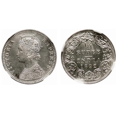 Victoria Empress, Silver, 1/4 Rupee, 1892, Bombay Mint, C(i)/I, 'B' incused. F. Prid # 427
