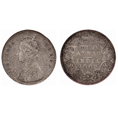 Victoria Queen, Silver, 2 Annas, 1862, Bombay Mint, A/I, Bottom flower center top petal br