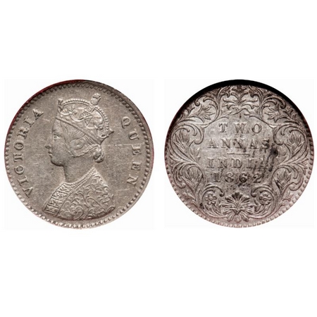 Victoria Queen, Silver, 2 Annas, 1862, Bombay Mint, A/I, Bottom flower center top petal br