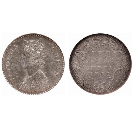 Victoria Queen, Silver, 2 Annas, 1862, Madras Mint, A/I, Bottom flower center top petal br